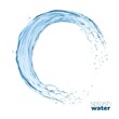 Swirl transparent water wave flow splash with drops. Falling clear water realistic vector drops splash frozen motion, liquid circle wave. Translucent aqua droplets stream, purity