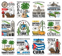 Cuba, Havana Travel Torus And Tourism Landmarks, Caribbean Beach Resort Vector Icons. Travel Agency Emblems With Cuba Island Sightseeing And Attraction Tours, History, Traditions And Culture
