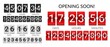 Coming soon time chronometer. Flip countdown clock counter, count down flip board or mechanical countdown scoreboard with numbers on red, black and white displays, opening soon 3d vector timer