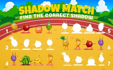 Aufkleber - Shadow match game worksheet, cartoon fruits characters on yoga. Vector kids riddle with pineapple, garnet, mandarin and pear, plum, watermelon, quince and mango on stadium, logical task maze