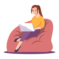 Canvas Print - Remote job semi flat RGB color vector illustration. Young woman comfortably working on laptop isolated cartoon character on white background