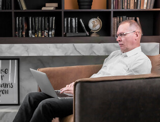 Poster - Businessman work at laptop computer online, sitting in armchair in office library. High quality photo