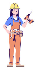 Wall Mural - Construction worker semi flat RGB color vector illustration. Female maintenance technician holding drill isolated cartoon character on white background