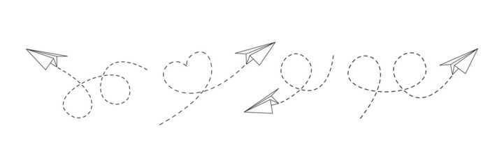 Poster - Paper airplanes with line dotted route set. Sending message linear fold planes collection. Vector isolated on white.