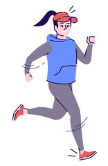 Poster - Sporting event semi flat RGB color vector illustration. Running athletic woman in sportswear isolated cartoon character on white background