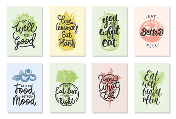 Wall Mural - Set of 8 advertising and inspirational healthy food and eating lettering posters, decoration, prints, packaging design. Hand drawn  vector typography with sketches. Handwritten calligraphy.