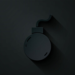 Poster - Paper cut Bomb ready to explode icon isolated on black background. Paper art style. Vector