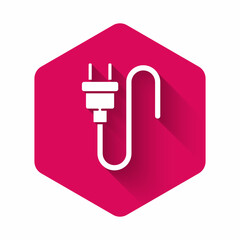 Poster - White Electric plug icon isolated with long shadow. Concept of connection and disconnection of the electricity. Pink hexagon button. Vector