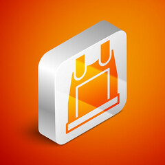 Poster - Isometric Bulletproof vest for protection from bullets icon isolated on orange background. Body armor sign. Military clothing. Silver square button. Vector