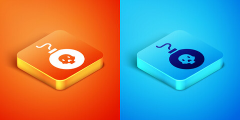 Poster - Isometric Bomb ready to explode icon isolated on orange and blue background. Vector