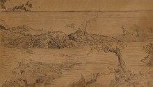 Wallpaper With Horizontal Mural With Landscape With Mountains, Sea, Trees, Panoramic View. Toile De Jouy Hand Drawn Illustration. Nature Old French Style. Mural For The Walls. Wallpapers For The Room