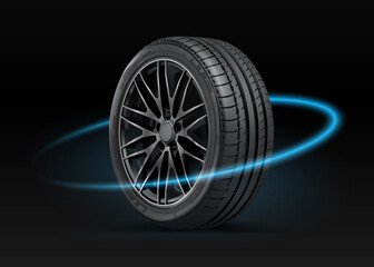 Poster - Modern car tire on a black background. A blue aura surrounds the sports wheel. Close up illustration. Vector automotive banner template.