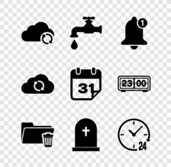 Poster - Set Cloud sync refresh, Water tap, Bell, Delete folder, Tombstone with cross and Clock 24 hours icon. Vector