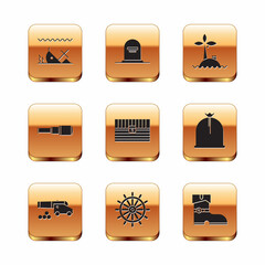 Poster - Set Sunken ship, Cannon with cannonballs, Ship steering wheel, Antique treasure chest, Spyglass telescope lens, Tropical island ocean, Leather pirate boots and Tombstone RIP written icon. Vector