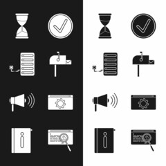 Sticker - Set Open mail box, Server, Hourglass, Check mark in circle, Megaphone, Setting, System bug concept and User manual icon. Vector