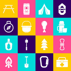 Sticker - Set First aid kit, Climber rope, Thermos container and cup, Tourist tent, Camping pot, Compass, Picnic table with benches and Chicken leg icon. Vector