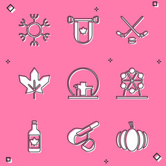 Poster - Set Snowflake, Pennant Canada, Ice hockey sticks and puck, Canadian maple leaf, Montreal Biosphere, Ferris wheel, Beer bottle and Peameal bacon icon. Vector