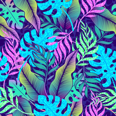 Wall Mural - Vector seamless exotic pattern with neon monstera leaves and banana branches on animalistic leopard background. Modern Hawaiian background with floral motifs. Texture from tropical plants.