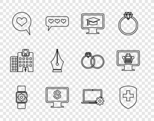 Sticker - Set line Smartwatch setting, Medical shield with cross, Monitor graduation cap, dollar, Heart speech bubble, Fountain pen nib, Laptop and gear and shopping basket icon. Vector