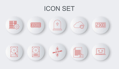 Poster - Set line Dead laptop, Hard disk drive HDD, Tombstone with cross, Delete file document, Server setting, Retro flip clock, and Kayak and paddle icon. Vector