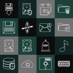 Poster - Set line Retro flip clock, Music note, tone, Delete folder, Calendar, Kayak and paddle, Floppy disk, backup and New, email incoming message icon. Vector