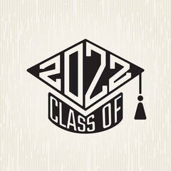 Class of 2022 Square Academic Graduation Cap Shape Sign Combined with Polygonal Numerals and Lettering Logo - Black on White Background - Contrast Graphic Design