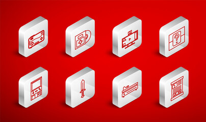 Poster - Set line Game guide, CD or DVD disk in box, Live streaming online, Mystery random, Video game console, Mobile playing, Sword for and Retro arcade machine icon. Vector