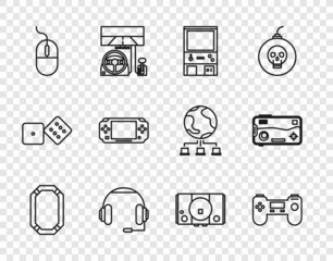 Poster - Set line Poker table, Gamepad, Retro arcade game machine, Headphones, Computer mouse, Portable video console, Video and Mobile and playing icon. Vector