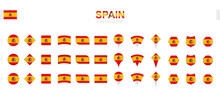 Large Collection Of Spain Flags Of Various Shapes And Effects.