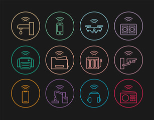 Wall Mural - Set line Smart radio, security camera, drone, printer, water tap, heating radiator and Wireless smartphone icon. Vector