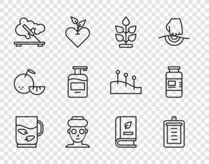 Wall Mural - Set line Cup of tea and leaf, Clipboard with checklist, Plant, Facial cosmetic mask, Scented spa stick, Bottle liquid soap, Medical book and Collagen serum icon. Vector