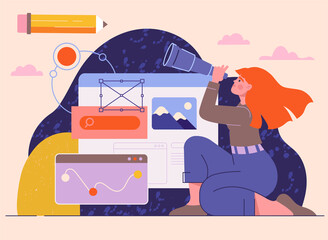 Poster - design inspiration concept. girl with binoculars scans pages. work on website, programming and writi