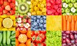 Collection of fruits and vegetables fruit collage background with berries and grapes