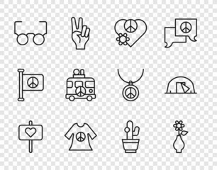 Wall Mural - Set line Peace, Flower in vase, Love peace, dress print stamp, Glasses, Hippie camper van, Cactus and Tourist tent icon. Vector