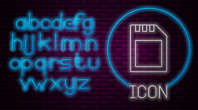 Glowing neon line SD card icon isolated on brick wall background. Memory card. Adapter icon. Neon light alphabet. Vector