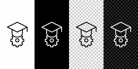 Set line Graduation cap icon isolated on black and white, transparent background. Graduation hat with tassel icon. Vector