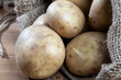 Close-up image of white potatoes in a vintage sack