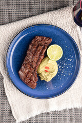 beef steak with celery puree dish, beef steak with puree