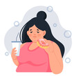 Sad fat girl eating a donut. A female character with overweight and an eating disorder. Bulimia, gluttony, mental disorders, stress, overeating. The concept of extreme overeating