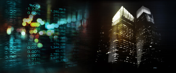 Wall Mural - index number of trade stock market on glow blur road city light banner business background