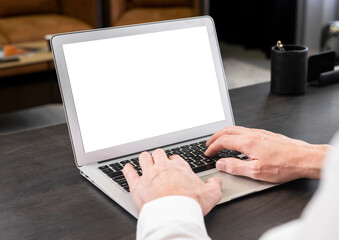 Poster - Laptop mockup. Man hands typing on keyboard. Online business education or work with computer concept. High quality photo