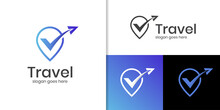 Pin Map Air Travel Check Logo Concept. Location On Map Traveler With Plane Logo Vector Icon Symbol