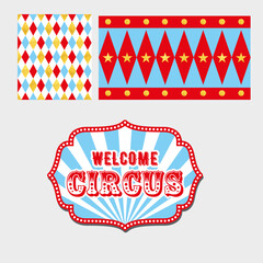 circus background diamonds and circles welcome sign red beige blue white