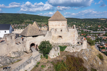 Wall Mural - Close up aerial view of the gate tower and donjon o medieval Sumeg castle in Hungary with  ramparts popular tourist attraction in the region