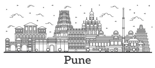 Wall Mural - Outline Pune India City Skyline with Historic Buildings Isolated on White.