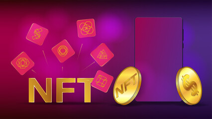 Wall Mural - concept of earning us dollars on nft non fungible token using mobile phone. flying tokens and phone 