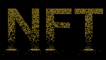Wall Mural - crumbled text ntf non fungible token from falling golden cubes isolated on black background. fragmen