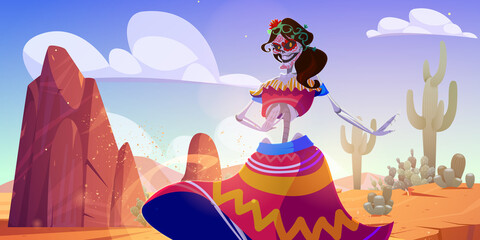 Mexican Day of Dead background with skeleton dance in desert. Vector cartoon illustration of desert landscape in Mexico with sand, rocks, cactuses and spooky woman, Calavera Catrina