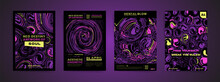 Dark Space Abstract Template Design With Typography For Poster, Flyer, Event Brochure, Placard, Presentation Or Cover.  Black, Purple Colors With Hallucination Paints Print Vector Set.