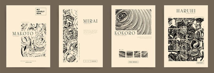 set of monochrome aesthetic posters. modern japanese boho design posters. vintage covers with typogr